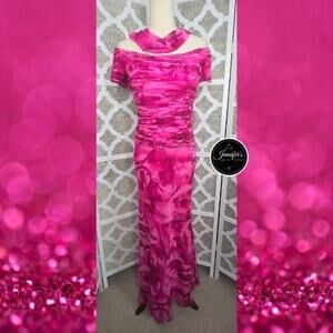 Capri by Mon Cheri Hot Pink Ruched Beaded Bodice A-Line Flared Long Dress 10/12
